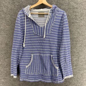 Natural Hoodie Women M Medium Blue Striped V-Neck Long Sleeve Hooded Cotton